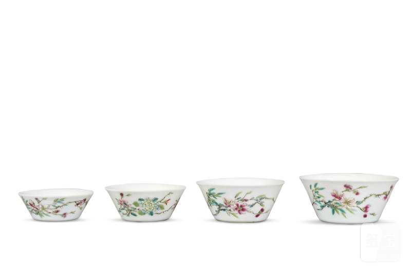 清雍正 粉彩折枝花卉马蹄花杯 4 件套 - 图1